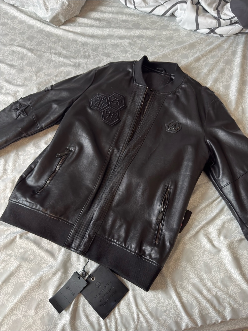 P * P Men's Black Leather Bomber Jacket with Embroidered Patches